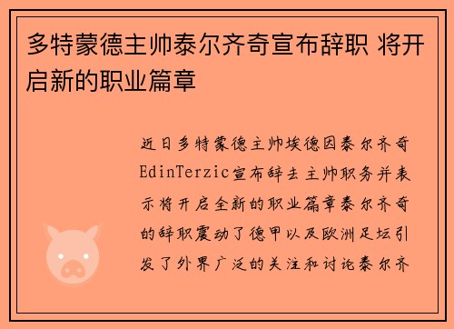 多特蒙德主帅泰尔齐奇宣布辞职 将开启新的职业篇章 多特蒙德主帅泰尔齐奇宣布辞职 将开启新的职业篇章
